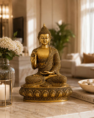 Large Brass Sitting Buddha Statue on Ornamental Base