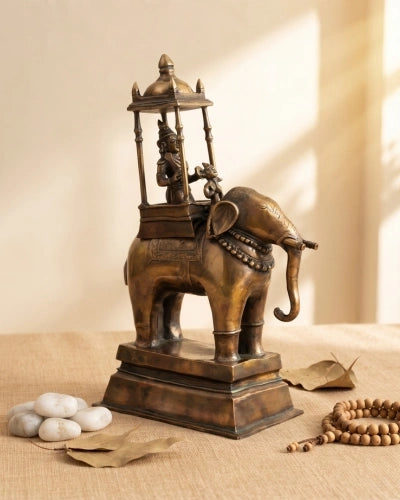 Lord Indra on Airavat Antique Brass Sculpture