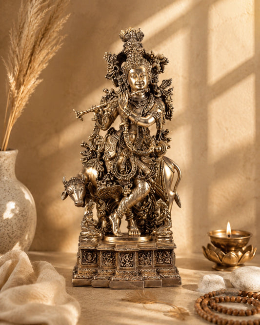 Pure Brass Lord Krishna with Cow – Grand Sculpture with Krishna Leela Base
