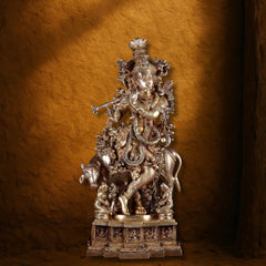 Pure Brass Lord Krishna with Cow – Grand Sculpture with Krishna Leela Base