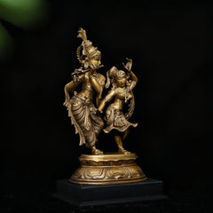 Radha & Krishna in Divine Dance | Handmade Brass Statue (with wooden base)