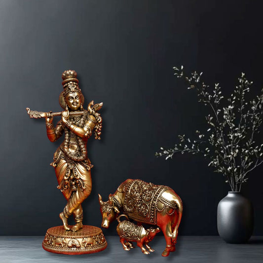 Superfine Krishna with Cow and Calf Statue in Brass for Puja & Décor