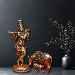 Superfine Krishna with Cow and Calf Statue in Brass for Puja & Décor