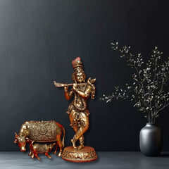 Superfine Krishna with Cow and Calf Statue in Brass for Puja & Décor