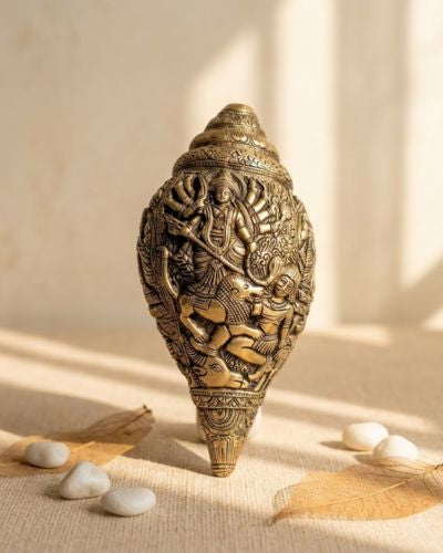 Brass Antique Shankh with Durga Carving