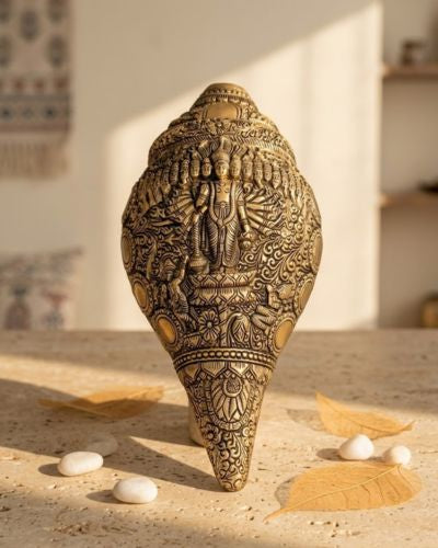 Brass Antique Shankh with Vishnu Dashavtar Carving (Conch)