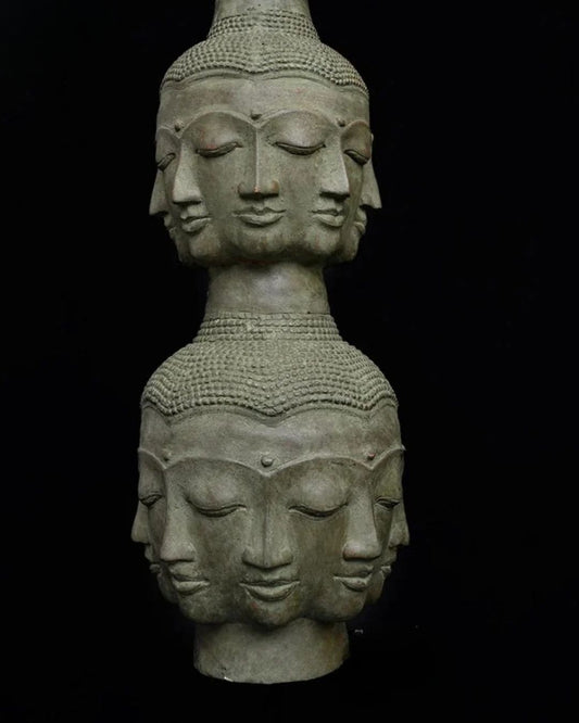 Tower of Tranquility: 40 Buddha Heads -Antique Bronze Sculpture (97 cm)