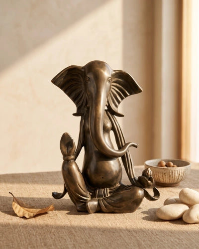 Brass Ganesha Idol in Stone Finish | Antique Patina Lord Ganesh Sculpture