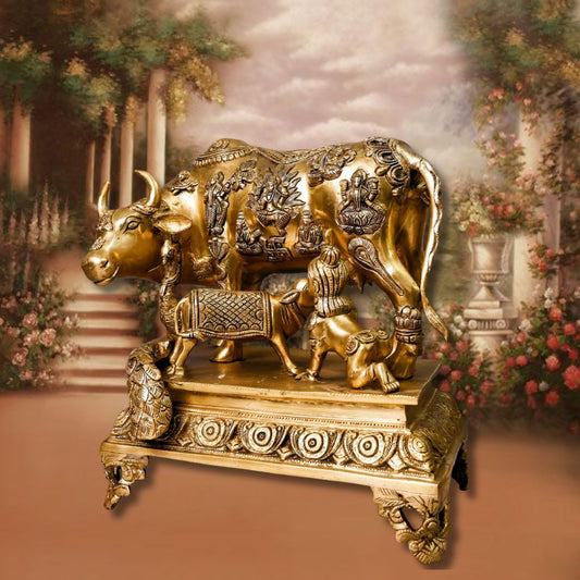 BRASS COW WITH CALF AND BAL GOPAL