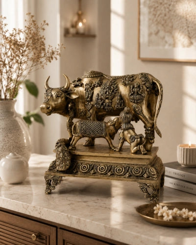 BRASS COW WITH CALF AND BAL GOPAL