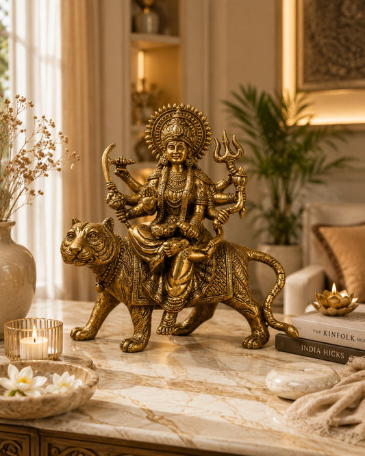 BRASS DURGA IDOL SITTING ON LION