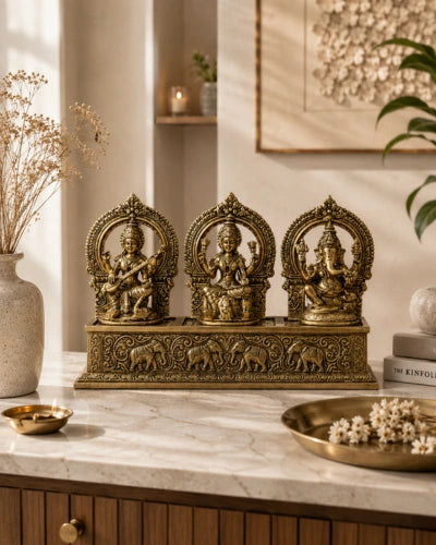 BRASS GANESH LAKSHMI SARASWATI ON HIGH BASE LARGE