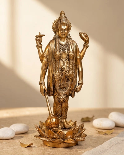 BRASS LORD VISHNU STANDING STATUE ON LOTUS