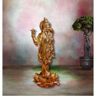 BRASS LORD VISHNU STANDING STATUE ON LOTUS