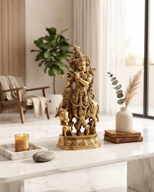 Brass Cow Krishna Idol