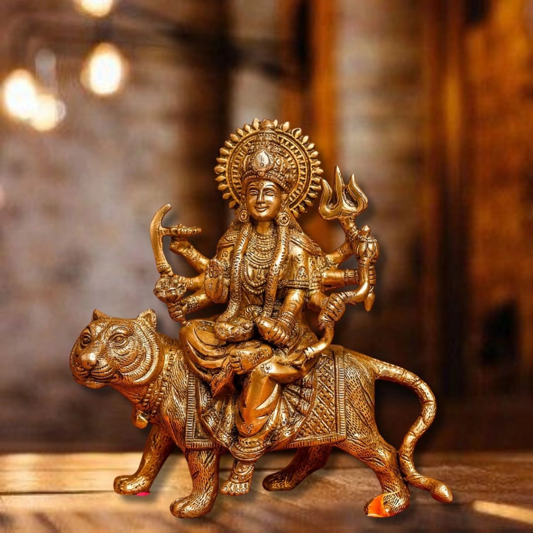 BRASS DURGA IDOL SITTING ON LION