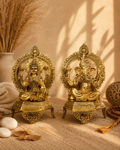 Brass Ganesh Lakshmi Idol on Chowki Large