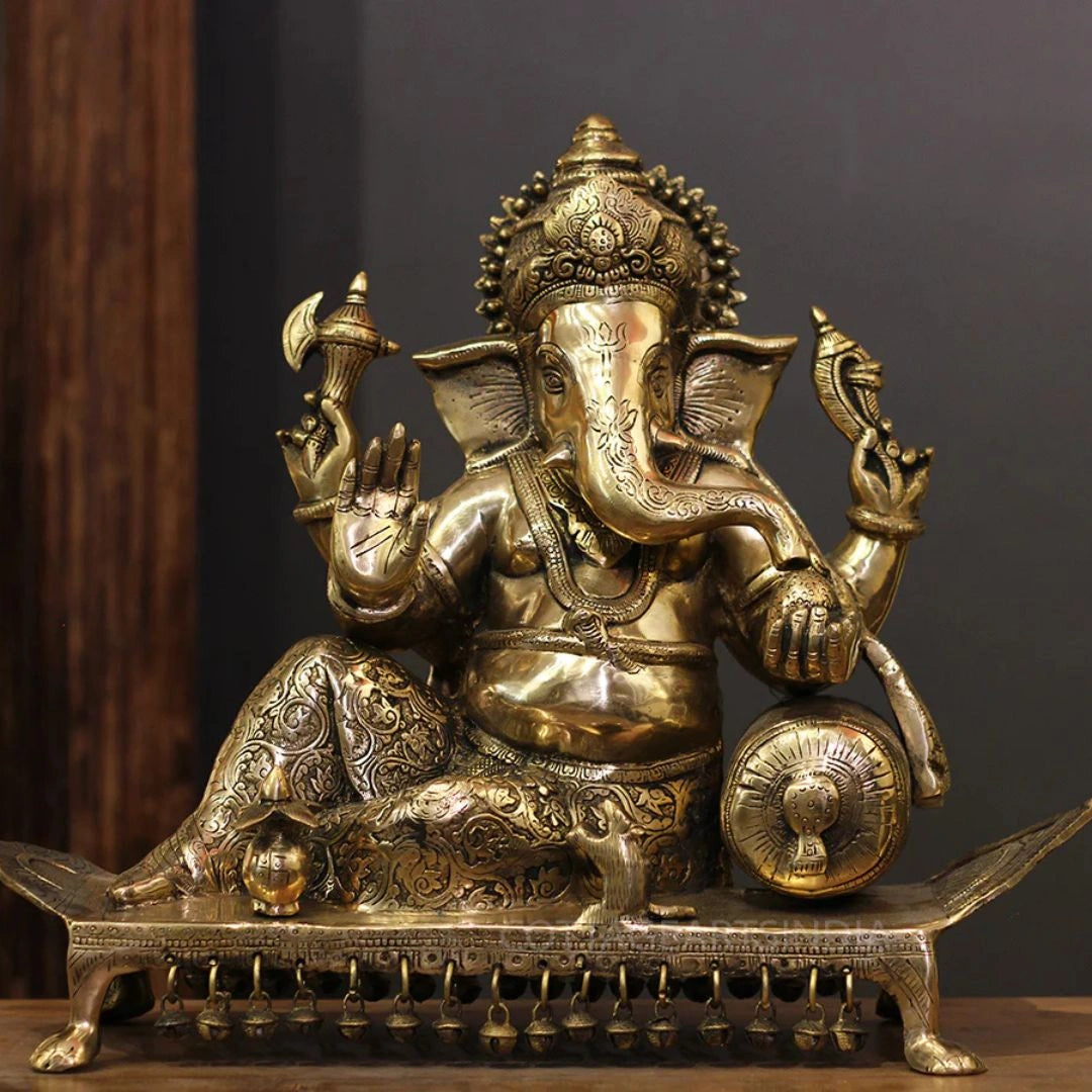 Brass Ganesh Resting On Chowki Sculptures
