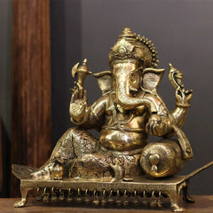 Brass Ganesh Resting On Chowki Sculptures