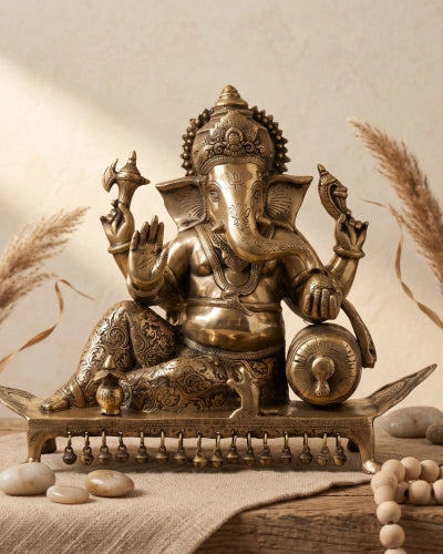 Brass Ganesh Resting On Chowki Sculptures
