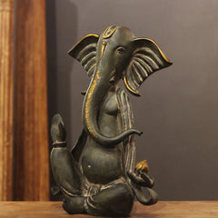 Brass Ganesha Idol in Stone Finish | Antique Patina Lord Ganesh Sculpture