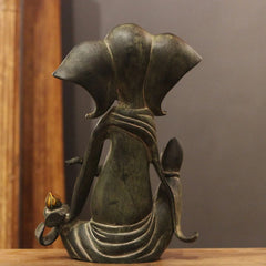 Brass Ganesha Idol in Stone Finish | Antique Patina Lord Ganesh Sculpture