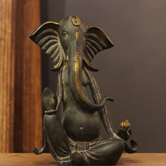 Brass Ganesha Idol in Stone Finish | Antique Patina Lord Ganesh Sculpture