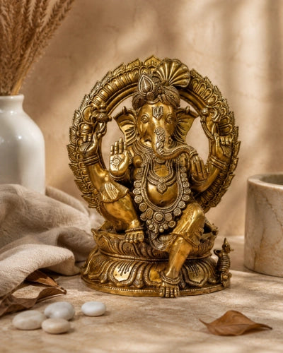 Brass Ganesha Sitting on Lotus with Pag