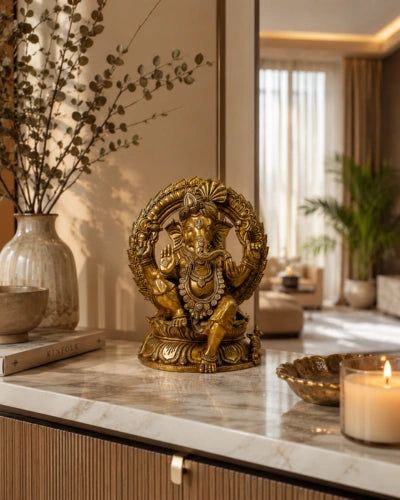 Brass Ganesha Sitting on Lotus with Pag