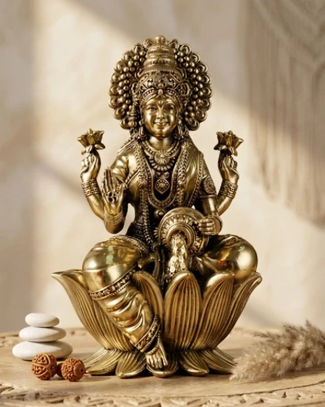 Brass Goddess Dhan Lakshmi on Lotus Idol