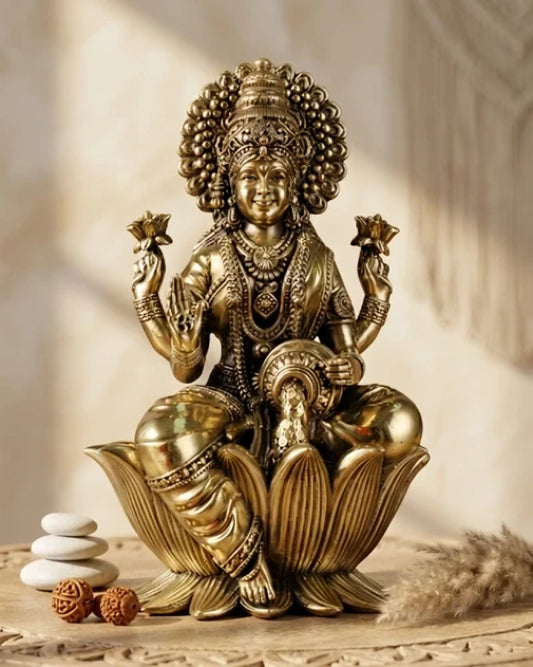 Brass Goddess Dhan Lakshmi on Lotus Idol