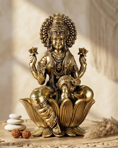 Brass Goddess Dhan Lakshmi on Lotus Idol