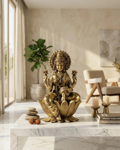 Brass Goddess Dhan Lakshmi on Lotus Idol