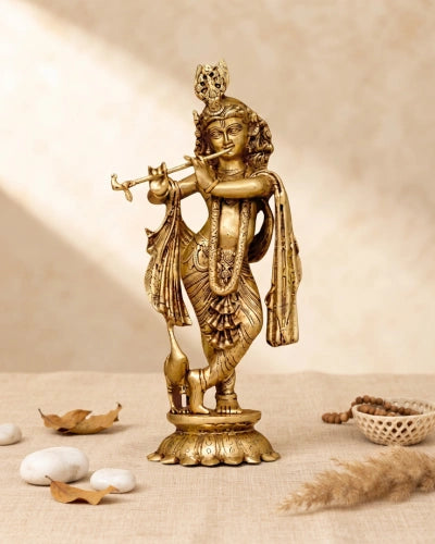 Brass Krishna Idol with flute on Lotus Base
