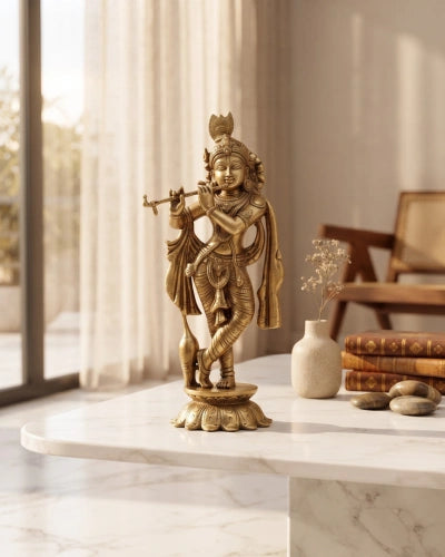 Brass Krishna Idol with flute on Lotus Base