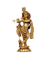 Brass Krishna Idol with flute on Lotus Base
