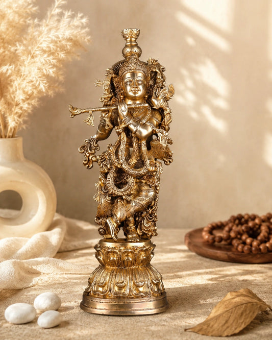 Brass Krishna Statue with Sharp Features – Elegant Divine Sculpture