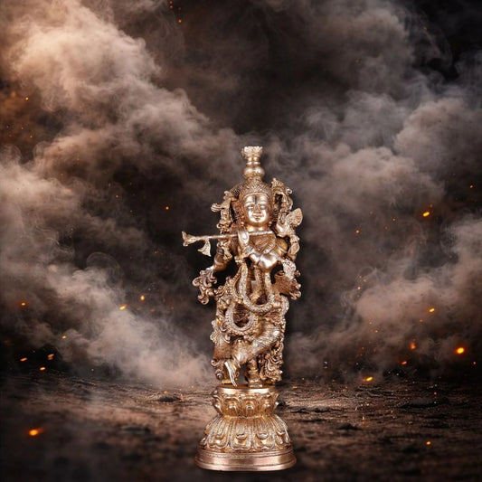 Brass Krishna Statue with Sharp Features – Elegant Divine Sculpture