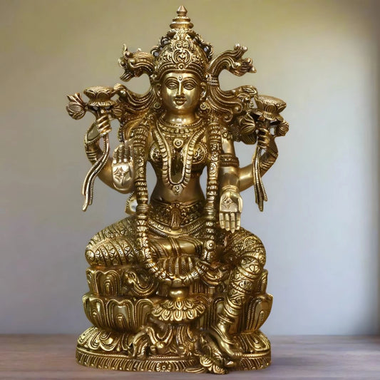 Brass Laxmi Seated On Lotus -Exceptional Fine Carving