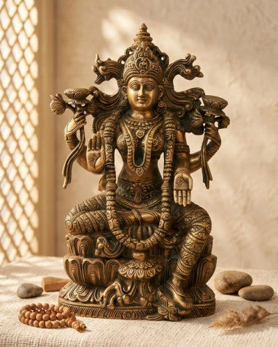 Brass Laxmi Seated On Lotus -Exceptional Fine Carving