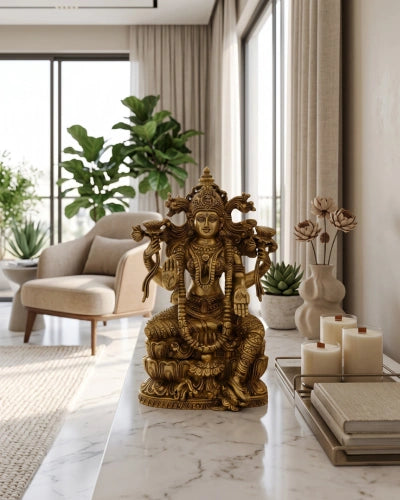 Brass Laxmi Seated On Lotus -Exceptional Fine Carving