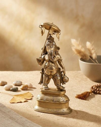 Brass Lord Ganesha Idol with Umbrella Statue