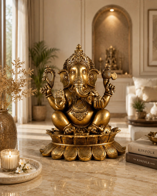 Brass Lord Ganesha Statue on Lotus Base