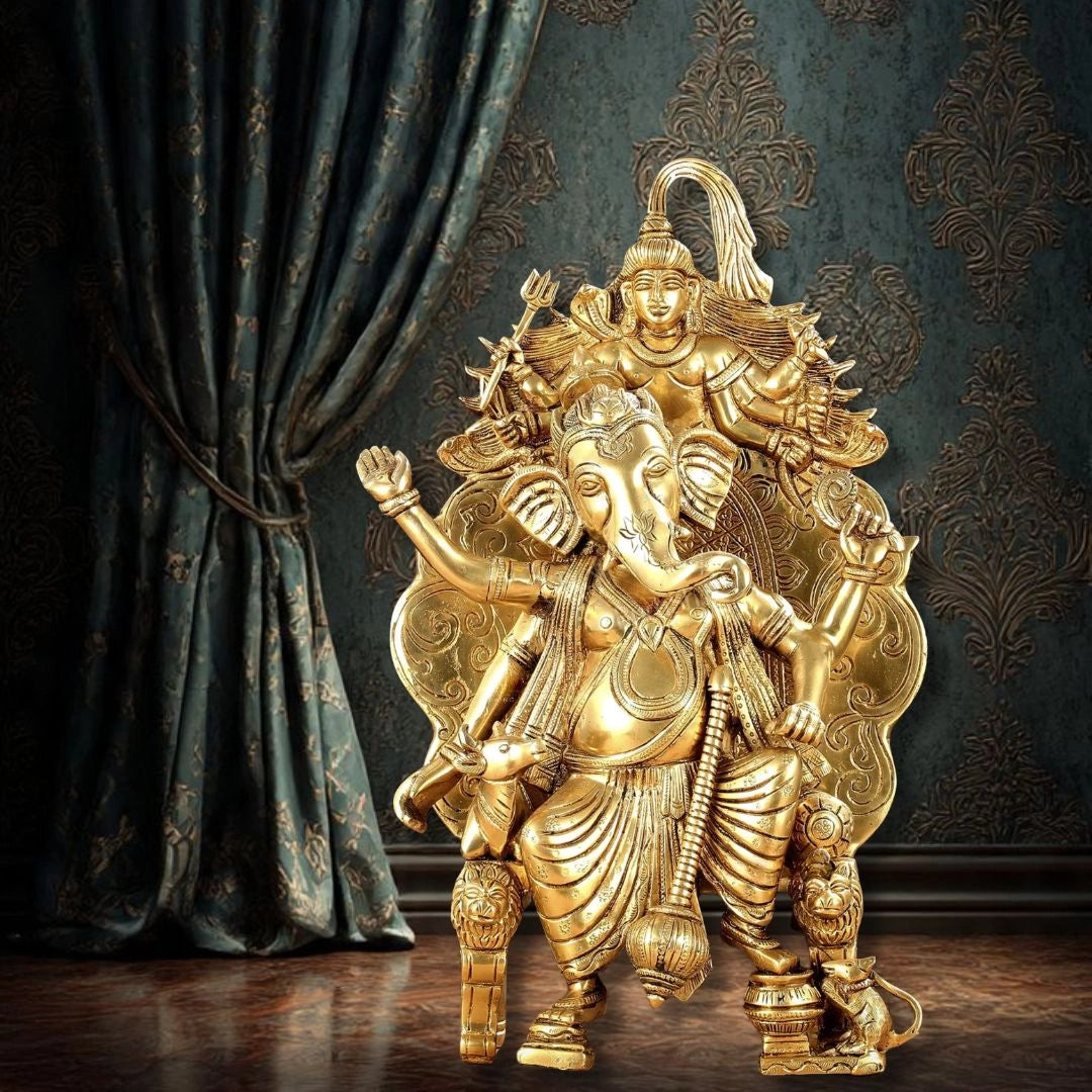 Brass Lord Ganesha Statue on Singhasan Throne with Shiva