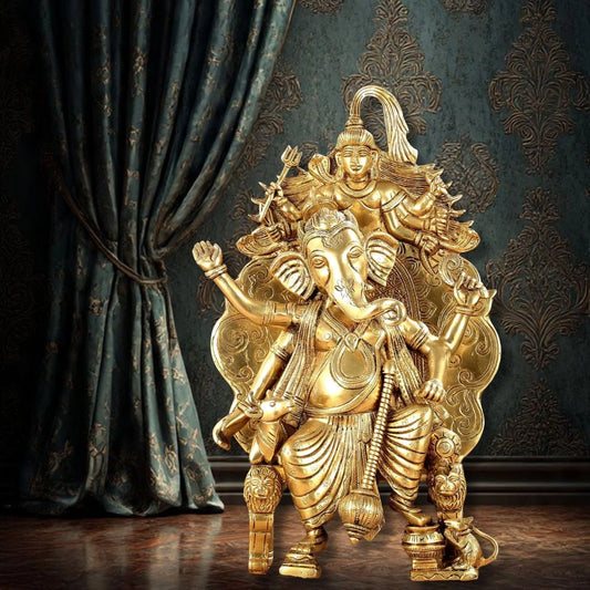 Brass Lord Ganesha Statue on Singhasan Throne with Shiva