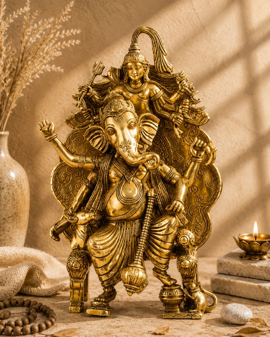 Brass Lord Ganesha Statue on Singhasan Throne with Shiva