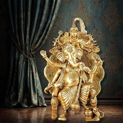 Brass Lord Ganesha Statue on Singhasan Throne with Shiva