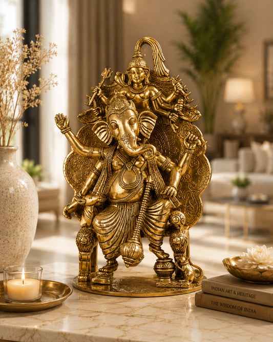 Brass Lord Ganesha Statue on Singhasan Throne with Shiva