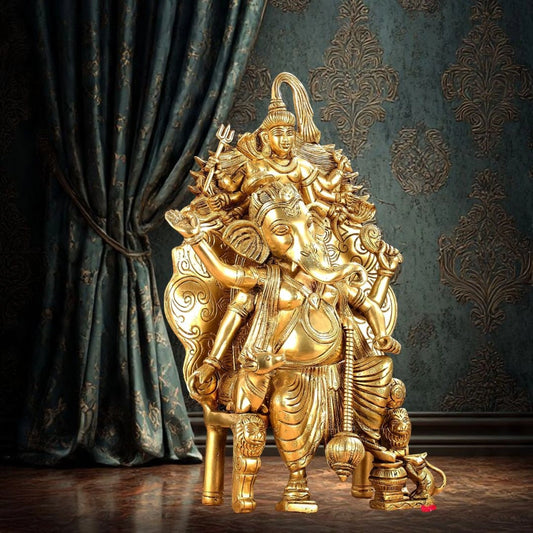 Brass Lord Ganesha Statue on Singhasan Throne with Shiva