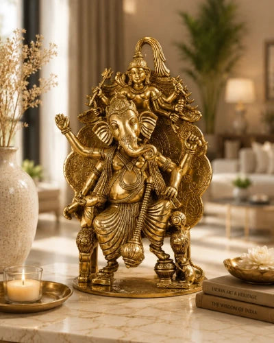 Brass Lord Ganesha Statue on Singhasan Throne with Shiva